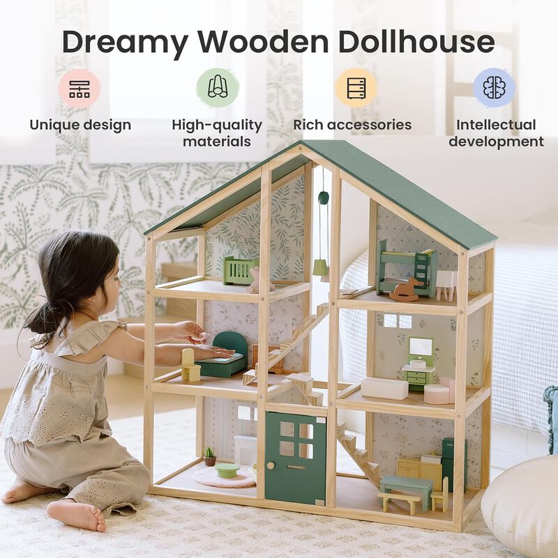 Wooden Dollhouse - 6 Rooms Wooden Doll House, DIY Pretend Doll House with 31Pcs Furniture Accessories, Creative Gift for Girl image number 3