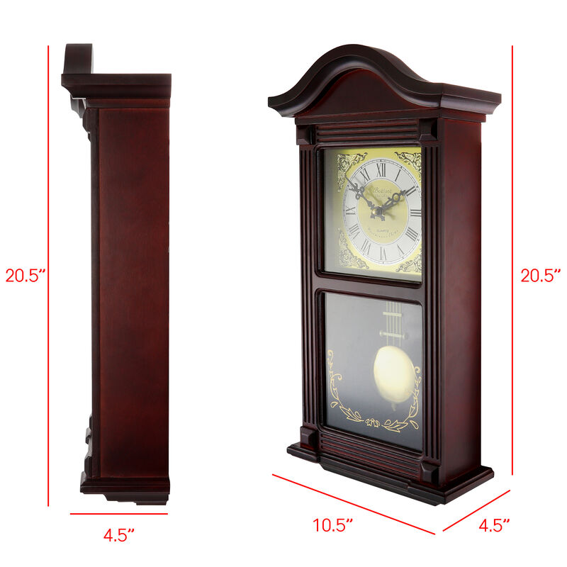 Bedford Clock Collection 22 Inch Wall Clock in Mahogany Cherry Oak Wood with Brass Pendulum and 4 Chimes