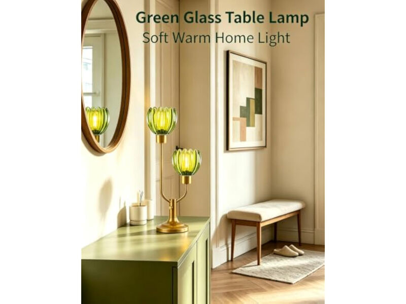 Green Glass Flower Table Lamp for Bedroom Dimmable Nightstand Lamp image number 4