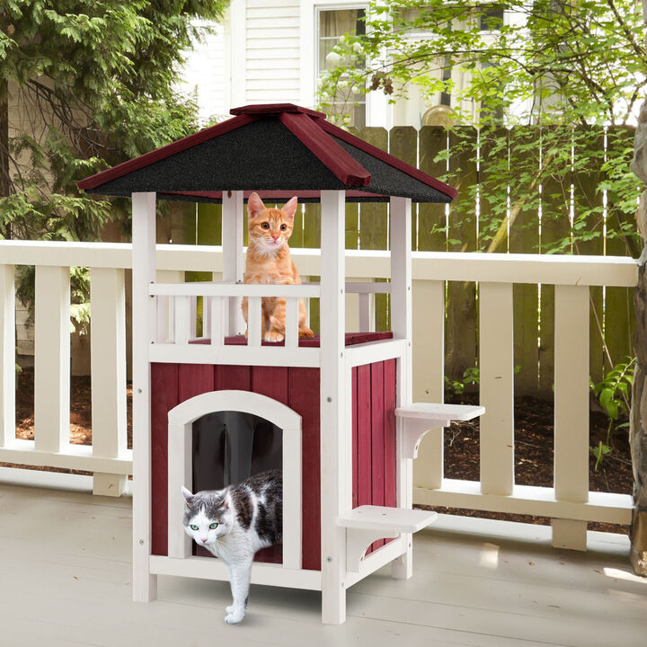 Outdoor 2-Story Wooden Cat House with Balcony, Roof & Rain Curtain &ndash; Red