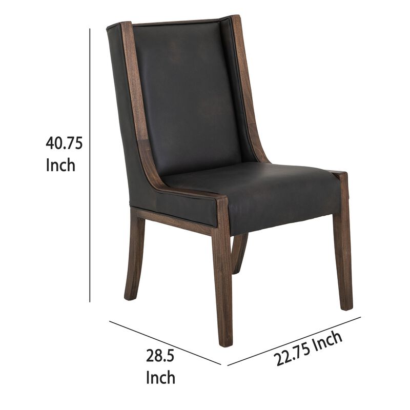 Ally Dining Side Chair Set of 2, Walnut Brown Wood, Black Faux Leather - Benzara
