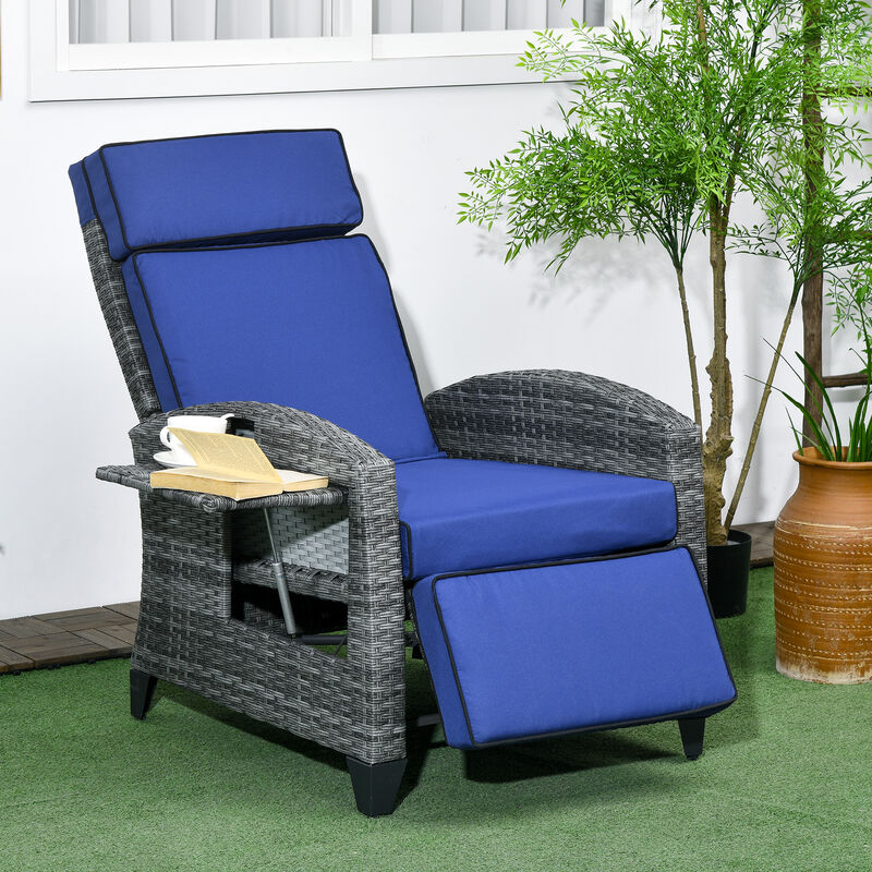 Outsunny Outdoor Recliner Chair with Cushions, PE Wicker Reclining Patio Lounge Chair with Adjustable Footrest, Armrests, Side Tray Table for Balcony, Porch, Dark Blue