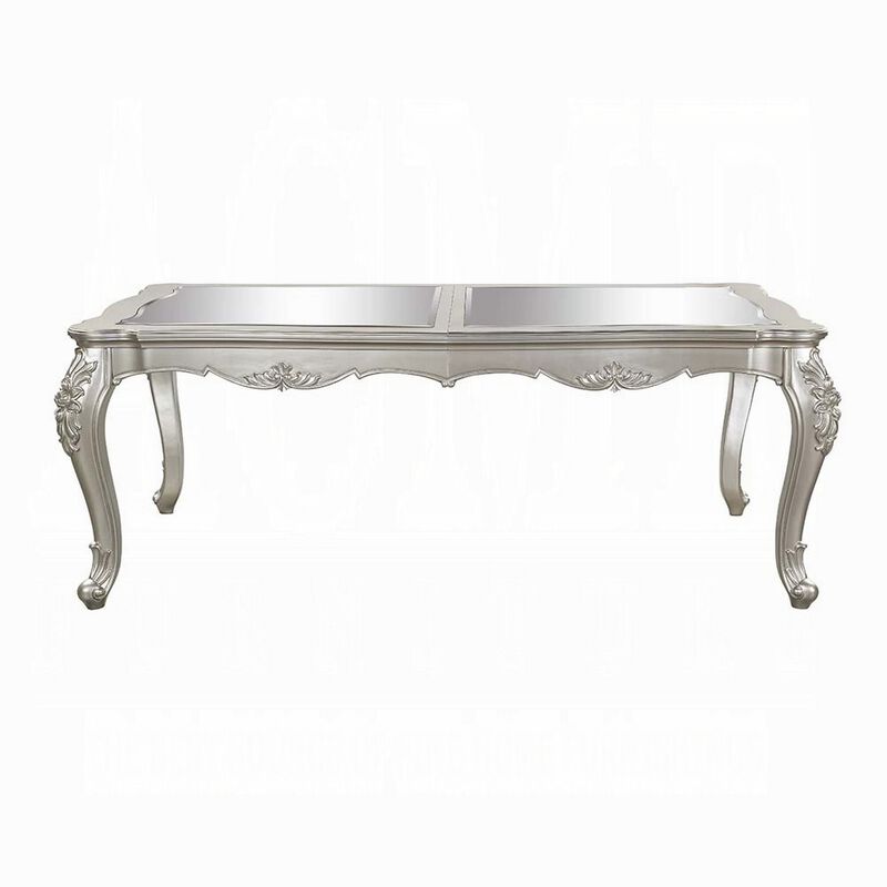 Bowe Dining Table, 80-96 Inch, Mirrored, Classic Champagne Silver Wood