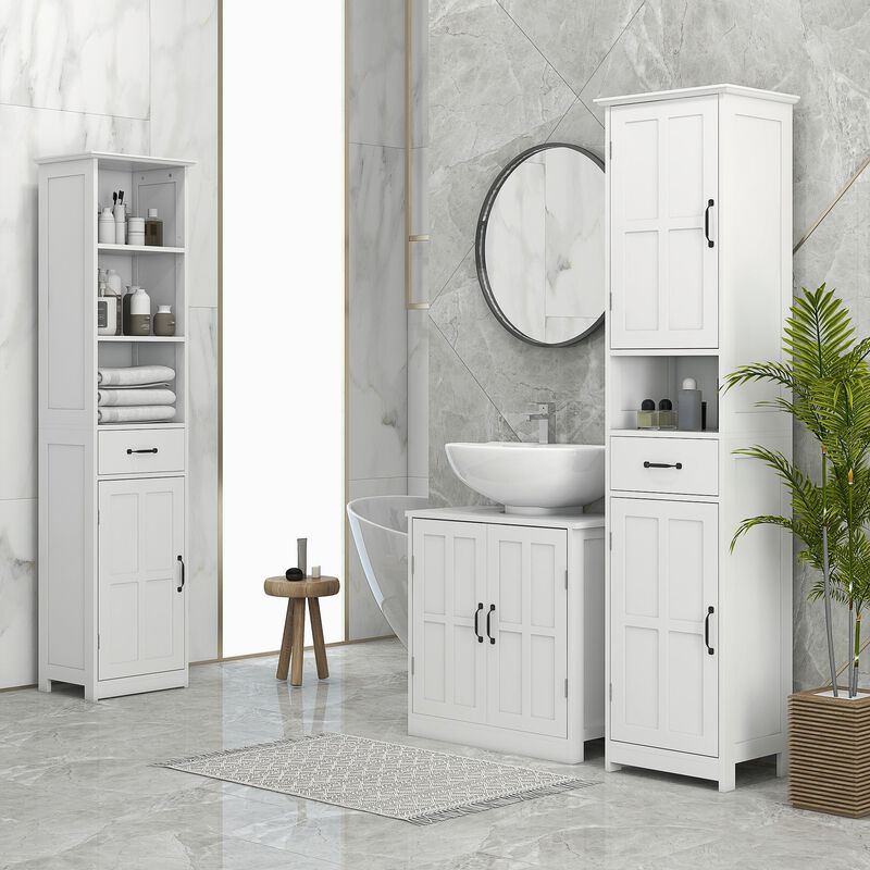 Modern Bathroom Cabinet, Narrow Storage Cabinet with 3 Open Shelves, Drawer, Recessed Door and Adjustable Shelf, White image number 2