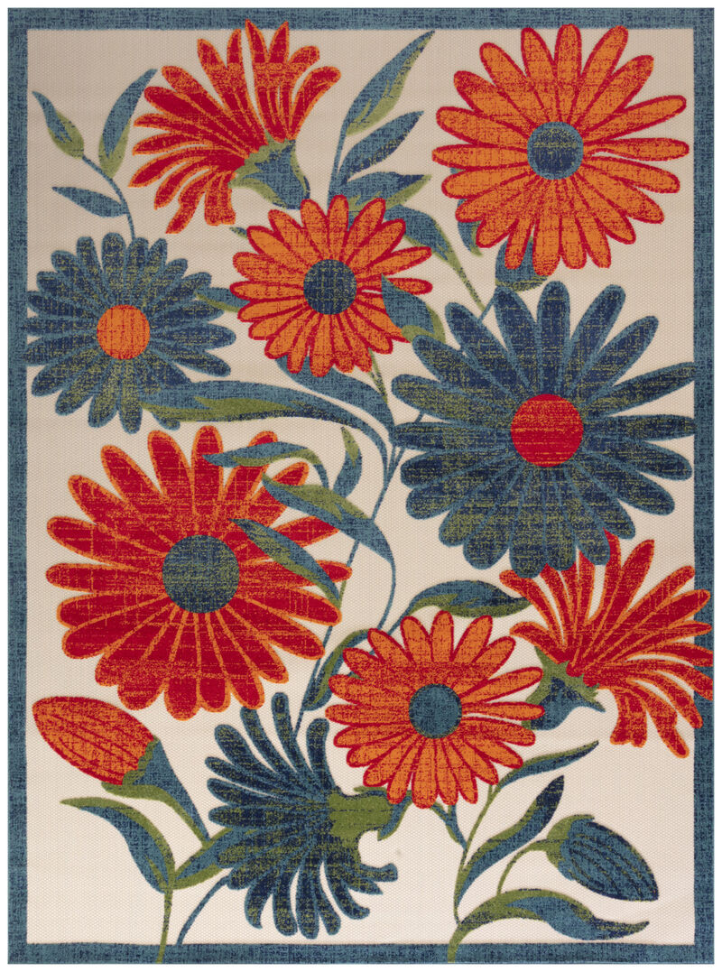 HomeRoots 8' X 11' Ivory Blue And Orange Floral Indoor Outdoor Area Rug image number 0