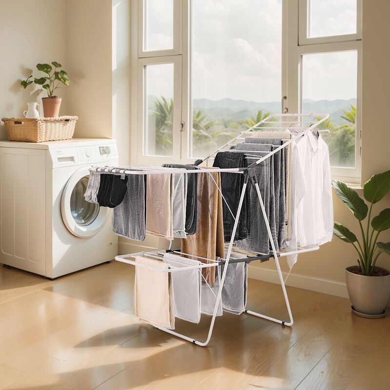 2-Tier Foldable Laundry Rack with Metal Rods, Sock Clips, and Height Adjustment