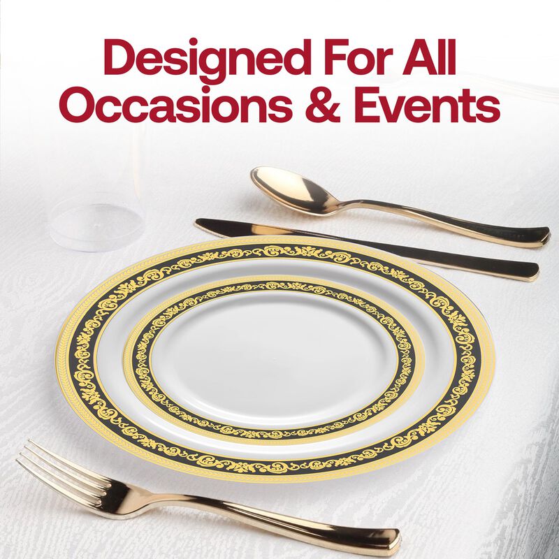 White with Black and Gold Royal Rim Plastic Dinnerware Value Set (40 Sets) image number 7