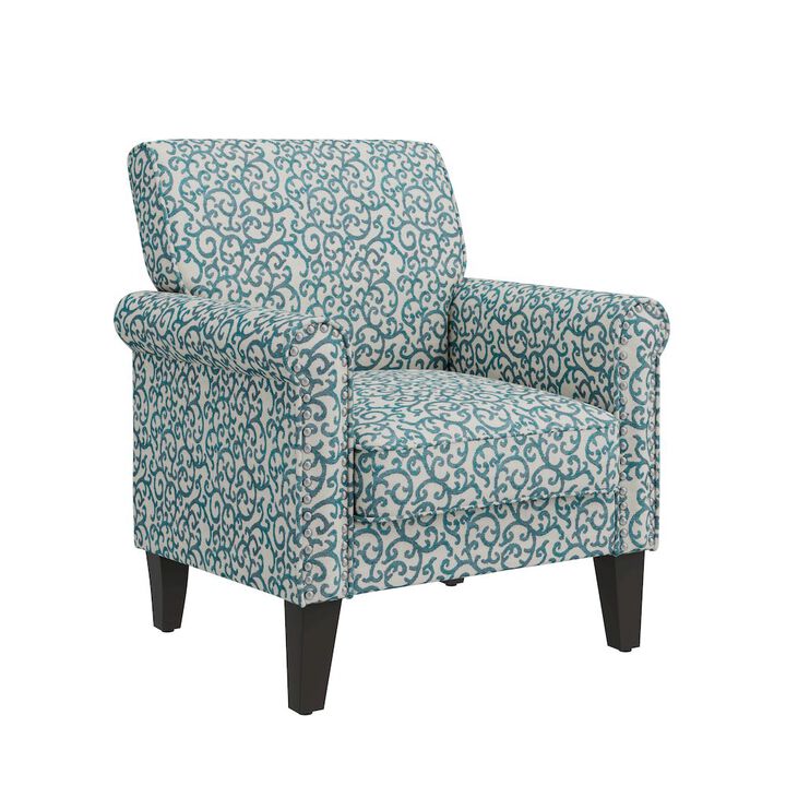 HL Home Furnishings Jean Rolled Armchairs with Nailheads in Blue Curly Vine