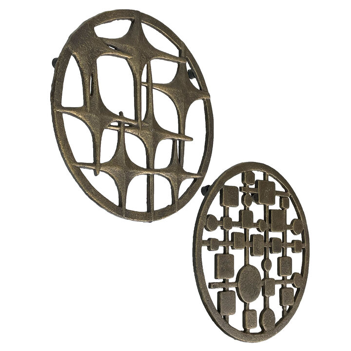 Set of 2 Cast Iron Trivets &ndash; Stars & Circles/Squares, Bronze, 8" MCM Style