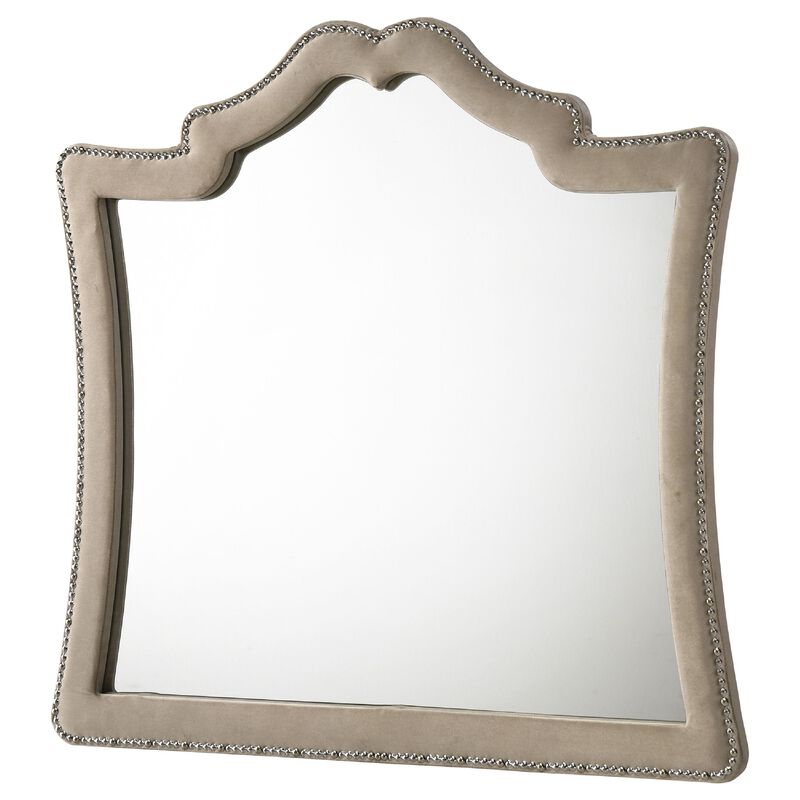 Lino Dresser Mirror, Curved Frame, Nailhead Trim, Cream Velvet 43 Inch image number 3