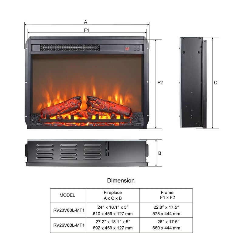 MONDAWE 23 Inch Electric Fireplace Insert, Ultra Thin Heater With Log Set and Realistic Flame, Remote Control With Timer, Overheating Protection