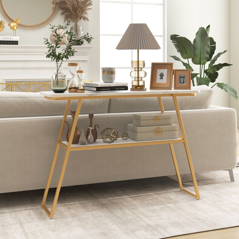 Console Table with Open Shelf Gold Metal Frame Living Room Hallway-White