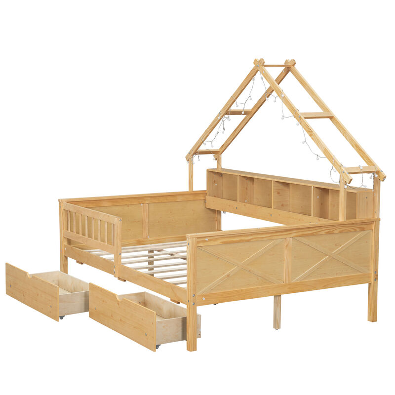 Whisen Full Size House Platform Beds with LED, Storage Shelves, Drawers and Guardrail image number 5