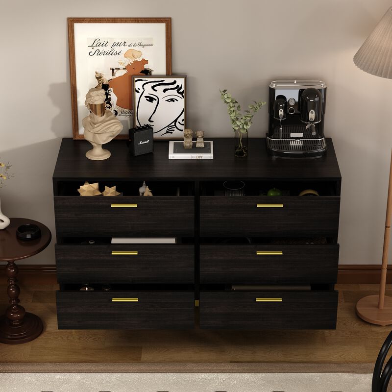 47.2&rdquo; 6 Drawer Dresser, Modern 6-Drawer Chest with Gold Metal Handles, Bedroom Dresser with Gold Metal Legs, for Living Room Entryway (47.2&rdquo;W x 15.7&rdquo;D x 30.1&rdquo;H)