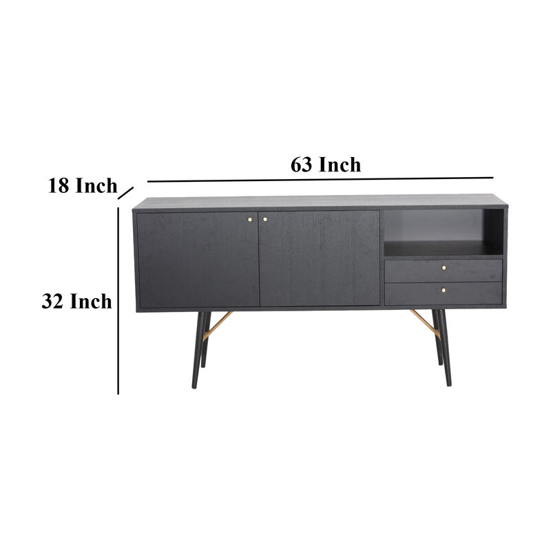 Belo Sideboard Buffet Console, 2 Drawers, Gold Accent, Black, 63 Inch - Benzara