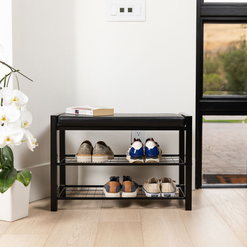 Leatherette Storage Entryway Bench and Shoe Rack with Metal Frame