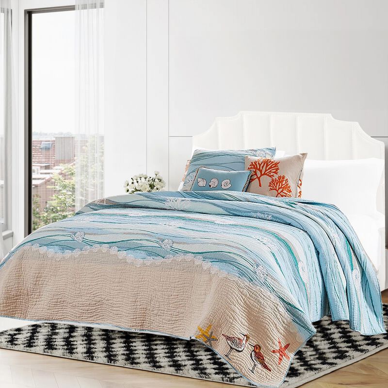Maritsa Four Piece Twin Size Fabric Quilt Set with Coastal Prints, Blue - Benzara