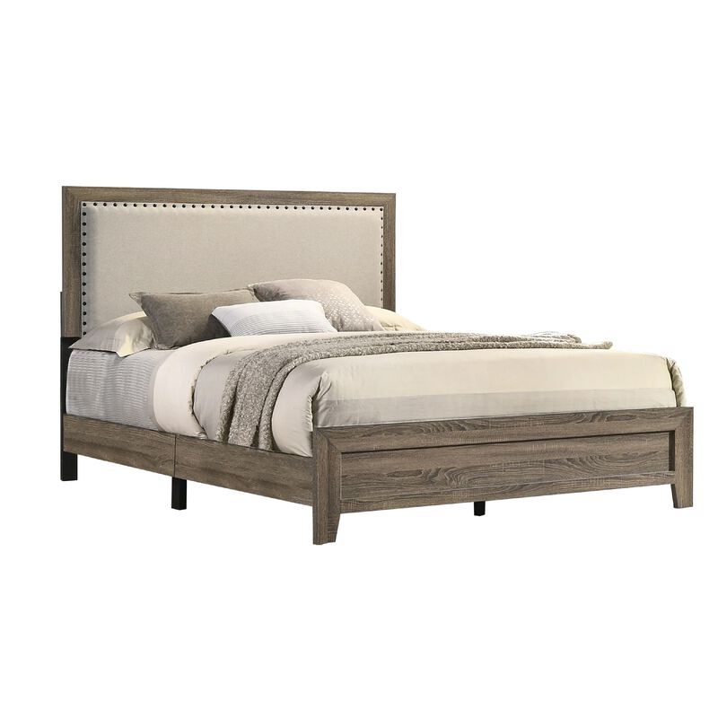 Shannon King Panel Bed with Nailhead Trim, Ivory Fabric, Gray Wood