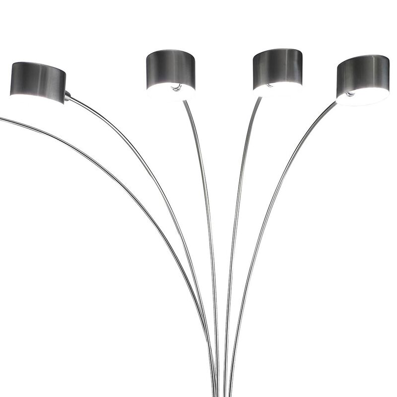 5 Arm Arched Floor Lamp, 84 Inch Chrome Metal Sleek Stem, Round Base - Benzara