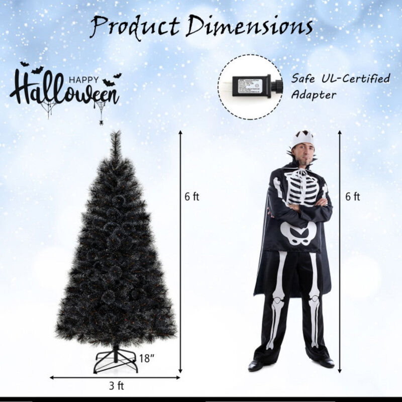 6ft Black Halloween Christmas Tree with PVC Branch Tips and 210 White LED Lights