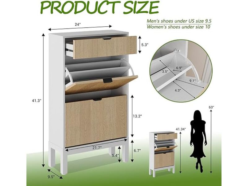 Slim Entryway Wood Shoe Cabinet Flip Drawer Adjustable Space Saving White image number 2