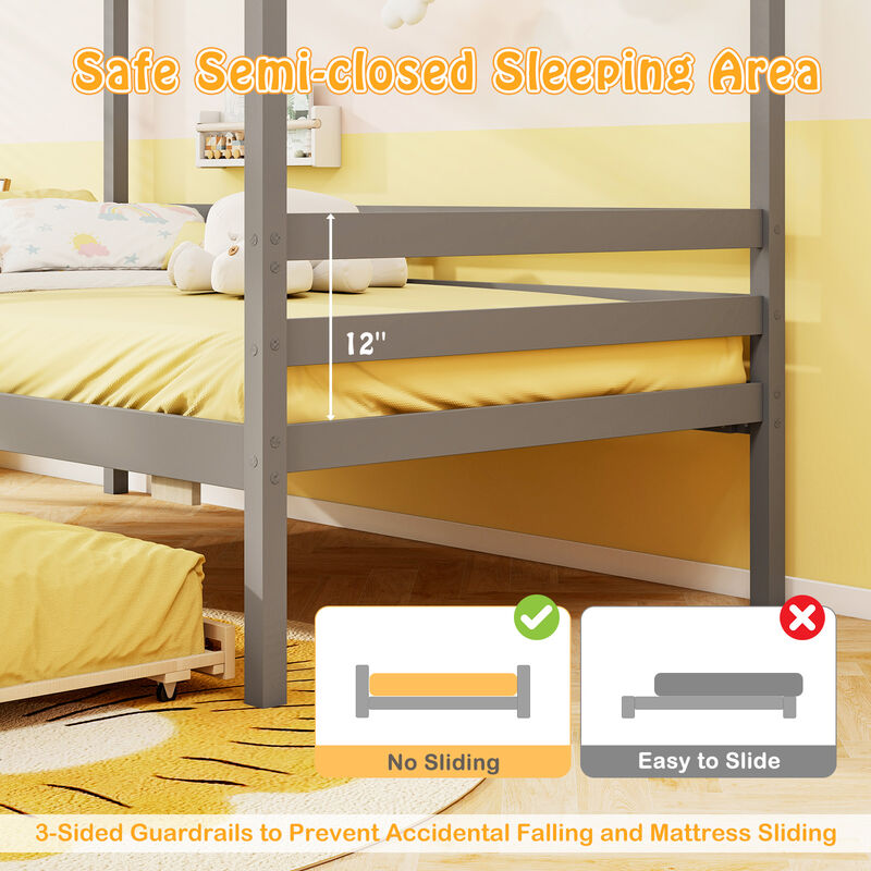 Kids Wood Bed with Roof Canopy and Slide-Out Trundle