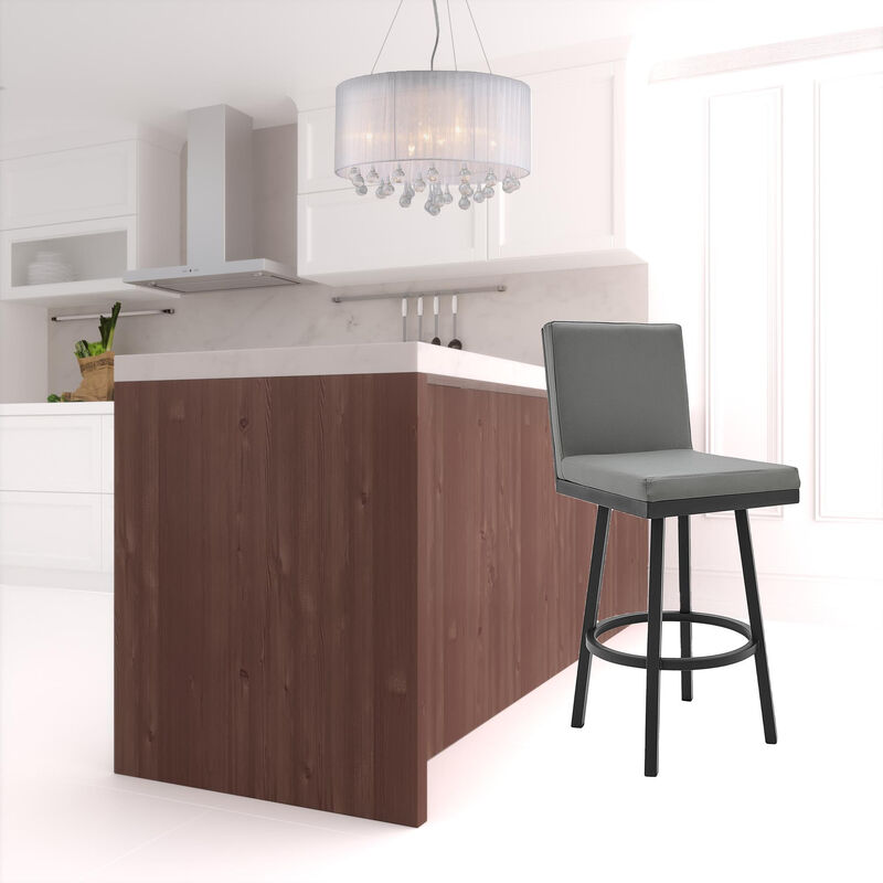 Hivvago 30 Inch Gray And Black Faux Leather And Iron Swivel Bar Height Bar Chair