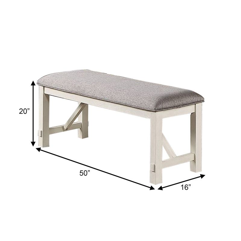 Lexi 50 Inch Dining Bench, Fabric Padded Seat, Rubberwood, Gray and White-Benzara image number 5