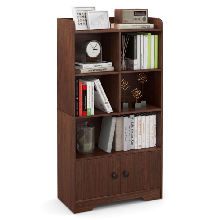 Hivvago 4 Tiers Bookshelf with 4 Cubes Display Shelf and 2 Doors-Brown