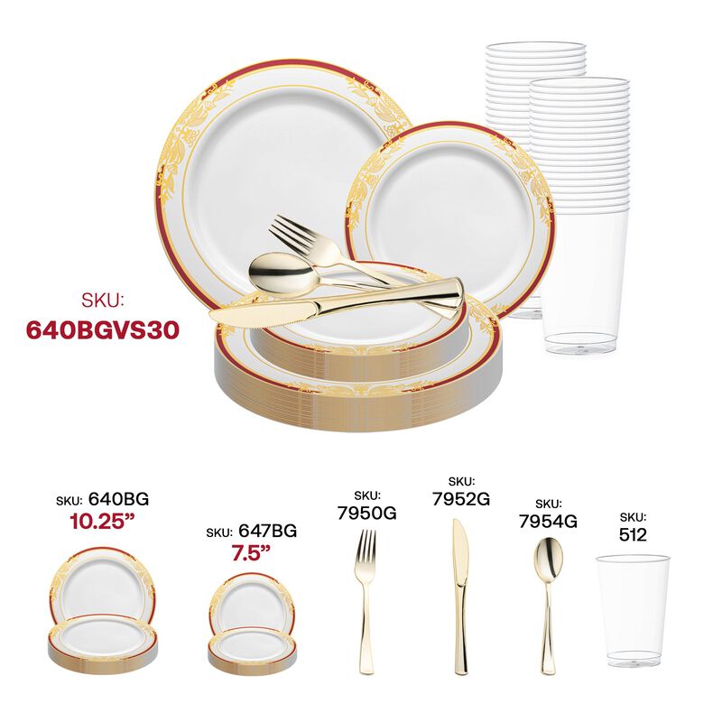 White with Burgundy and Gold Harmony Rim Plastic Wedding Value Set (30 Sets) image number 5