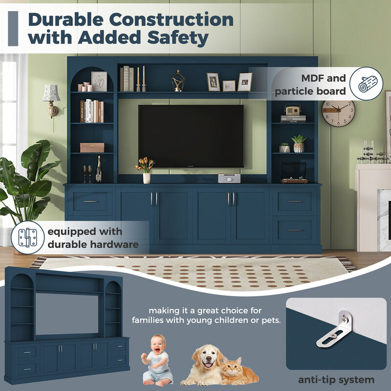 Merax All-in-One TV Stand with Arched Design, 4 Drawers, Adjustable Shelves, Built-in Cable Holes image number 6