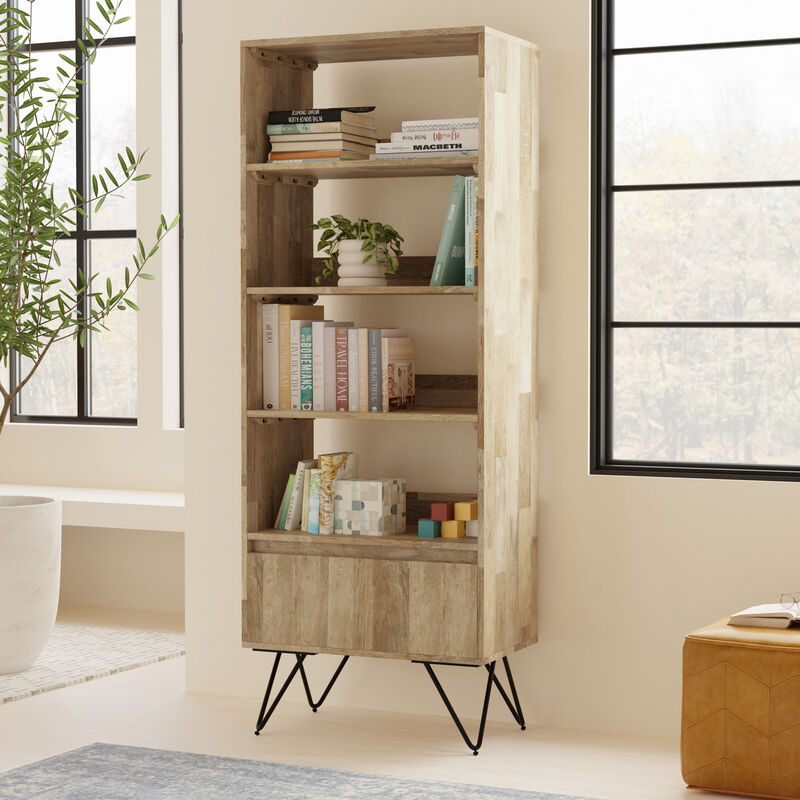 Hunter SOLID MANGO WOOD and Metal 64 inch x 24 inch Rectangle Modern Industrial Tall Bookcase in Natural