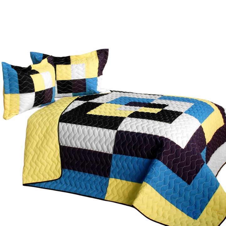 Queen Patchwork Quilt Set 3PC Quilted Vermicelli Stitch Lightweight Bed Cover Set