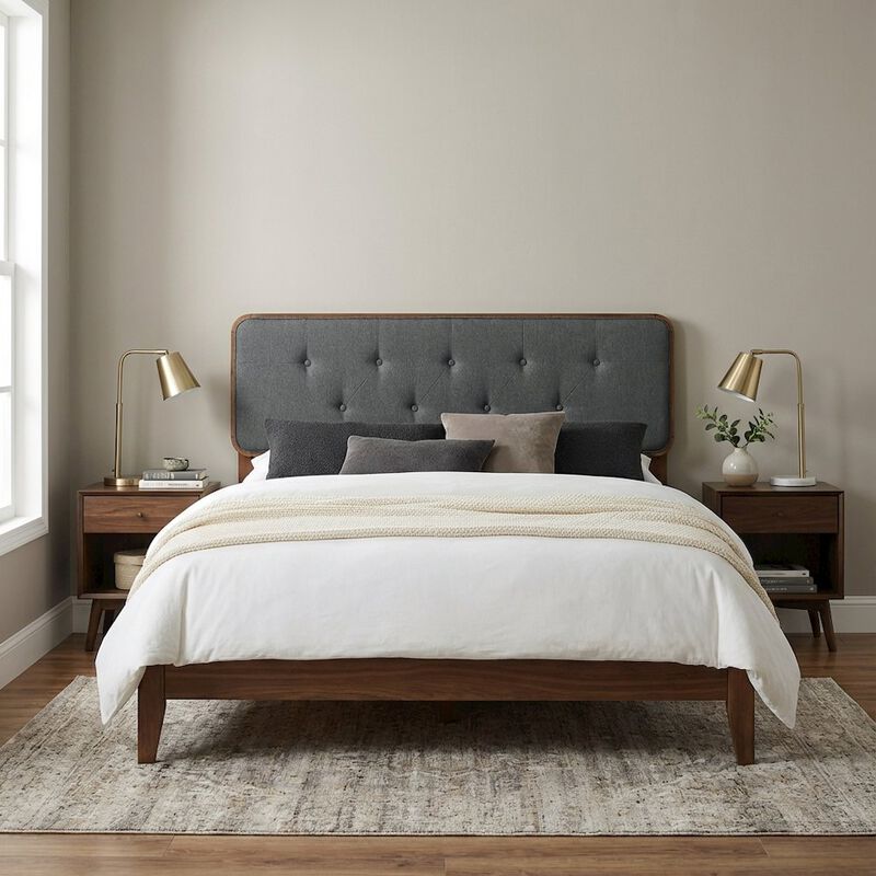 Tufted Fabric Full Headboard with Wood Frame in Neutral Finish image number 3