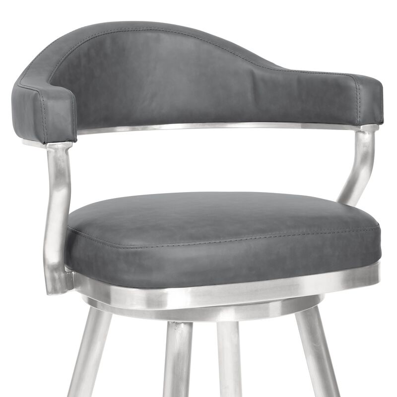 Knw 26 Inch Swivel Counter Stool Chair, Vintage Gray Faux Leather, Chrome - Benzara