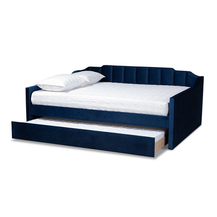 Baxton Studio Lennon Modern and Contemporary Navy Blue Velvet Fabric Upholstered Full Size Daybed with Trundle
