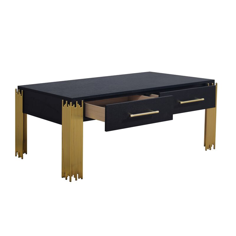 Theo Coffee Table, 2 Drawers, Gold Metal, Retro Black Wood 48 Inch