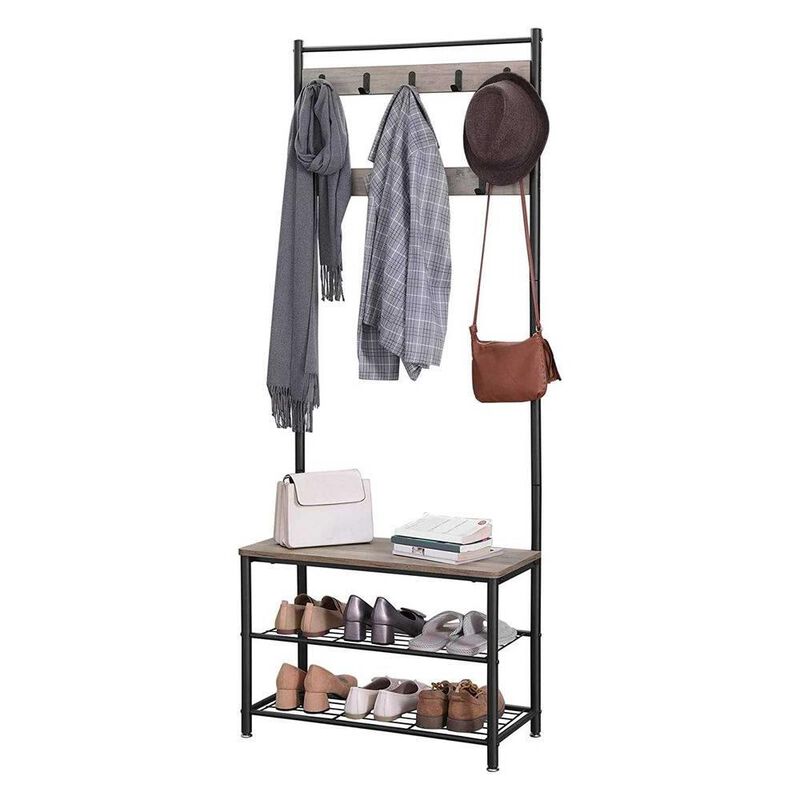 Hivvago Modern Industrial Black Grey Entryway Coat Rack Shoe Bench with 2 Shelves