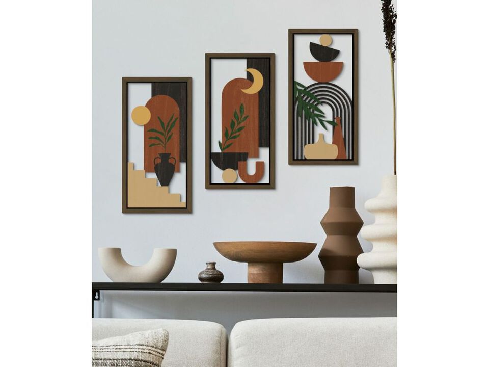 Boho Wall Art 3 Piece Wooden Minimalist Terracotta Decor for Living Room Bedroom
