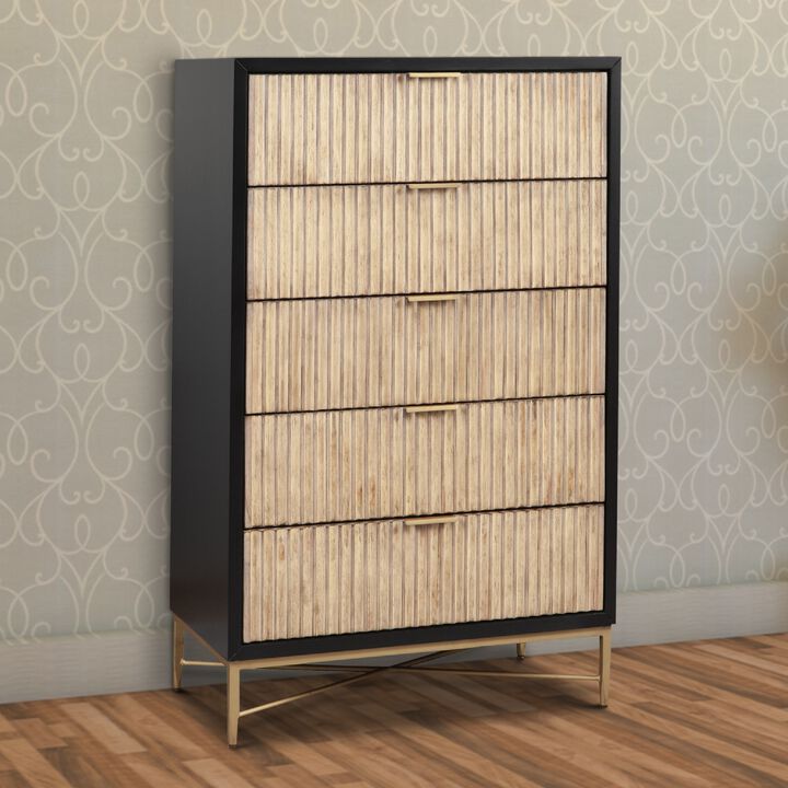 Chest with 5 Corrugated Drawers and Metal Base, Black - Benzara