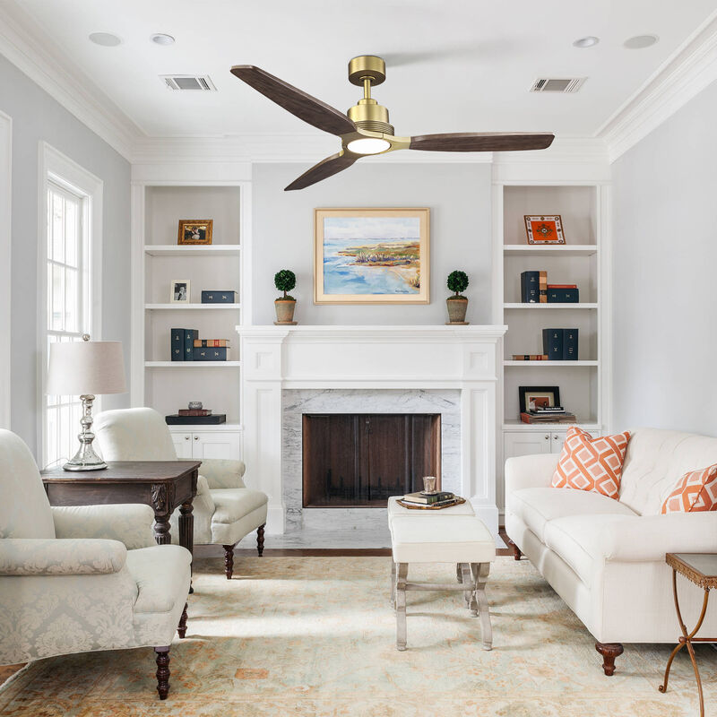 56 in. Soft Brass Dimmable Solid Wood Blades Ceiling Fan with LED Light and Remote