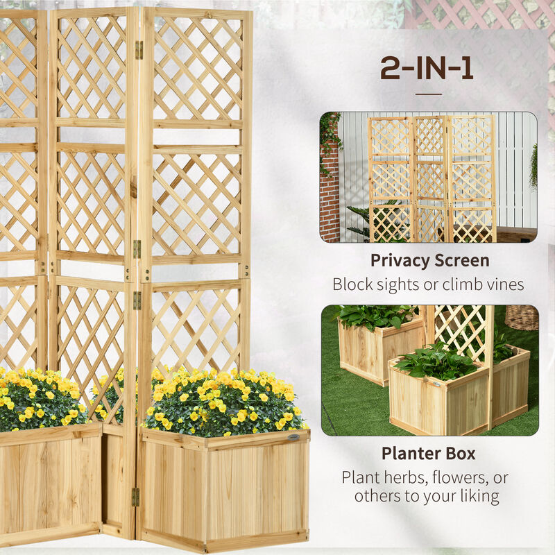 Outsunny Freestanding Outdoor Privacy Screen with 4 Self-Draining Raised Garden Beds, 3 Hinged Privacy Panels for Hot Tub, Pool, Patio, Backyard, Deck, Natural Wood