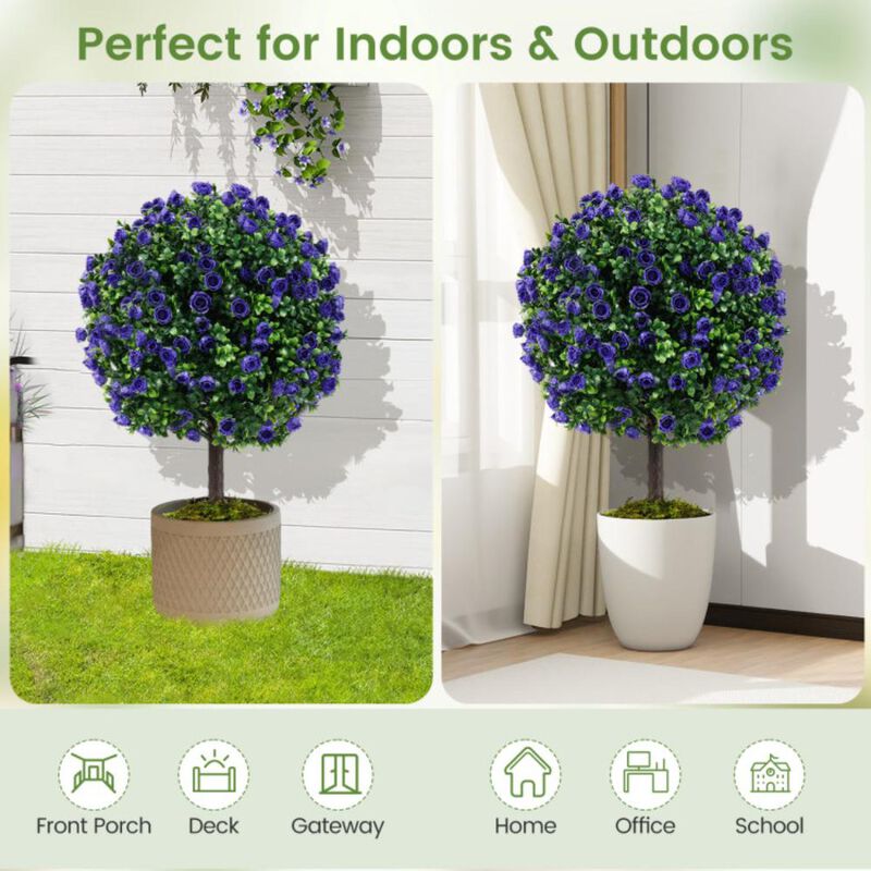 Hivvago 22 Inch Set of 2 Artificial Purple Rose Topiary Ball Trees with Cement-Filled Pot