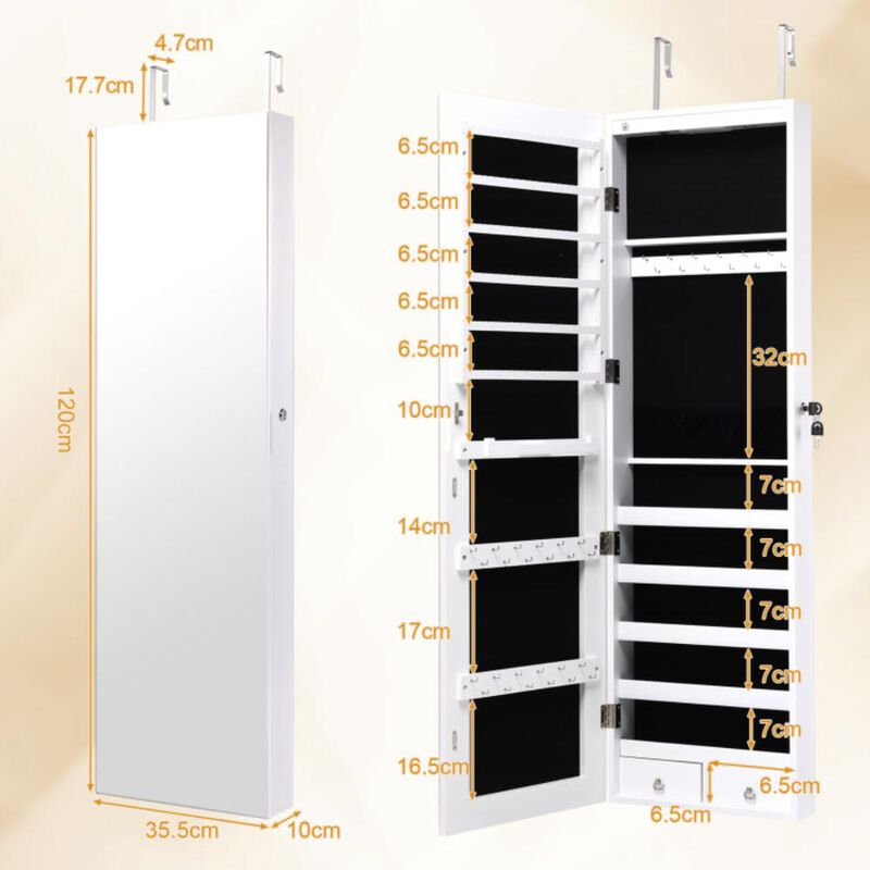 Hivvago Wall and Door Mounted Mirrored Jewelry Cabinet with Lights