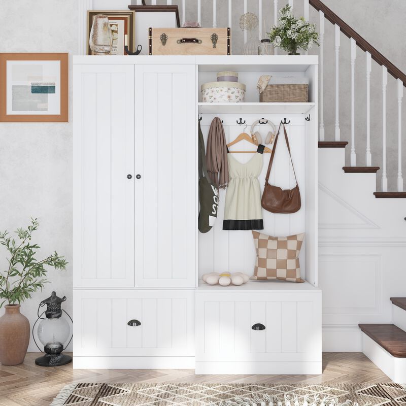 FUFU&GAGA White Hybrid Storage Wardrobe with Concealed Cabinet & Open Hanging, Dual Doors, Drawers, Shelf & Hooks (55.3" W x 17.7" D x 70.9" H)