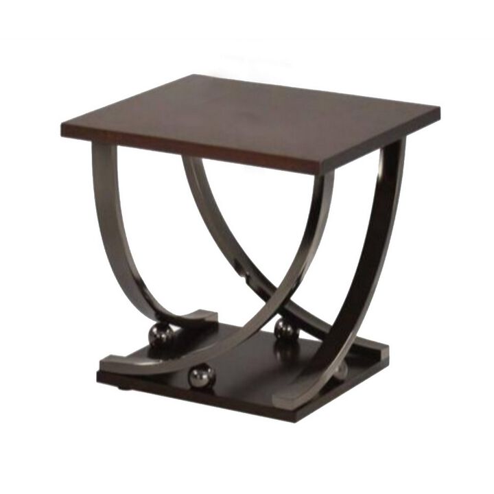 Wood and Metal End Table with Sweeping Legs, Dark Walnut Brown and Black-Benzara