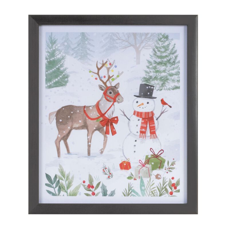 Framed Christmas Print with Snowman and Deer for Seasonal Home Decor