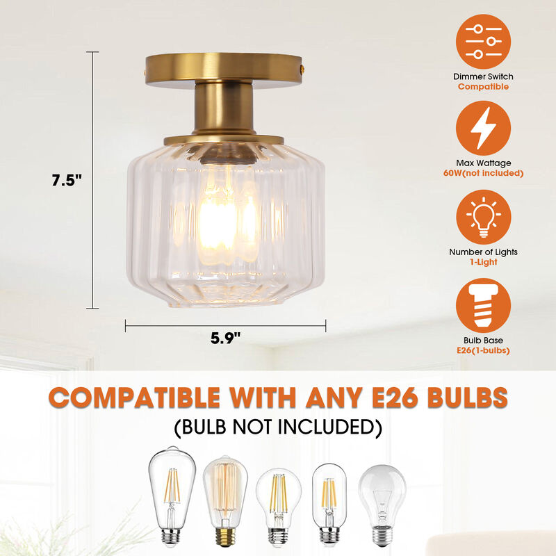 5.9" Wide Modern Gold Glass Semi Flush Mount Ceiling Light