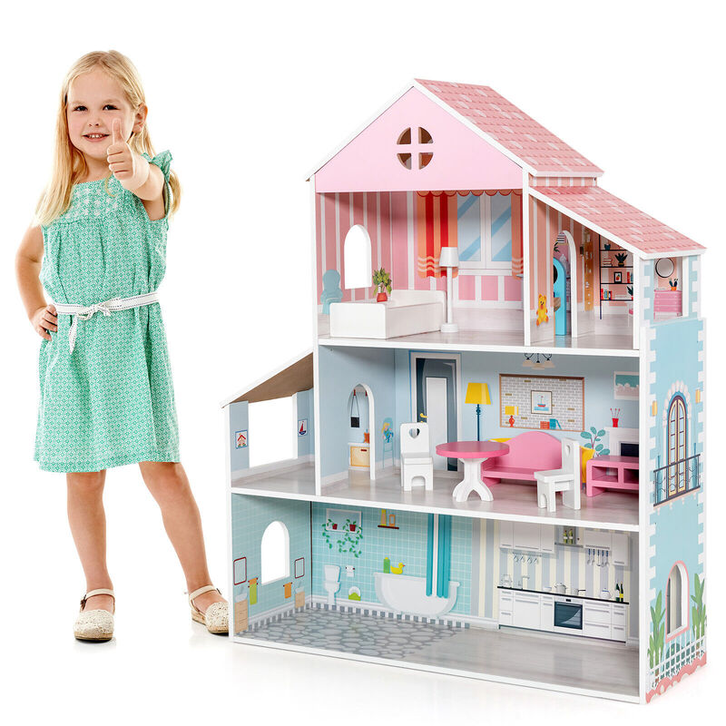 3-Tier Toddler Doll House with Furniture Gift for Age over 3 image number 0
