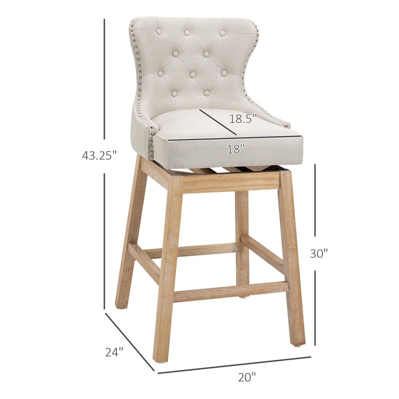 Upholstered Fabric Bar Height Bar Stools, 180° Swivel Nailhead-Trim Pub Chairs, 30" Seat Height with Rubber Wood Legs, Set of 4, Cream
